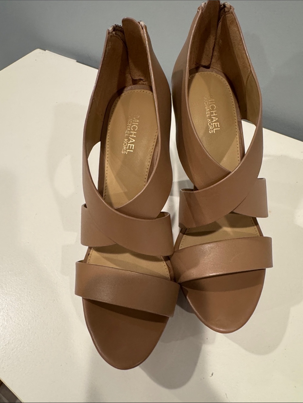 Michael Kors Taupe Leather Crisscross Heeled Sandals